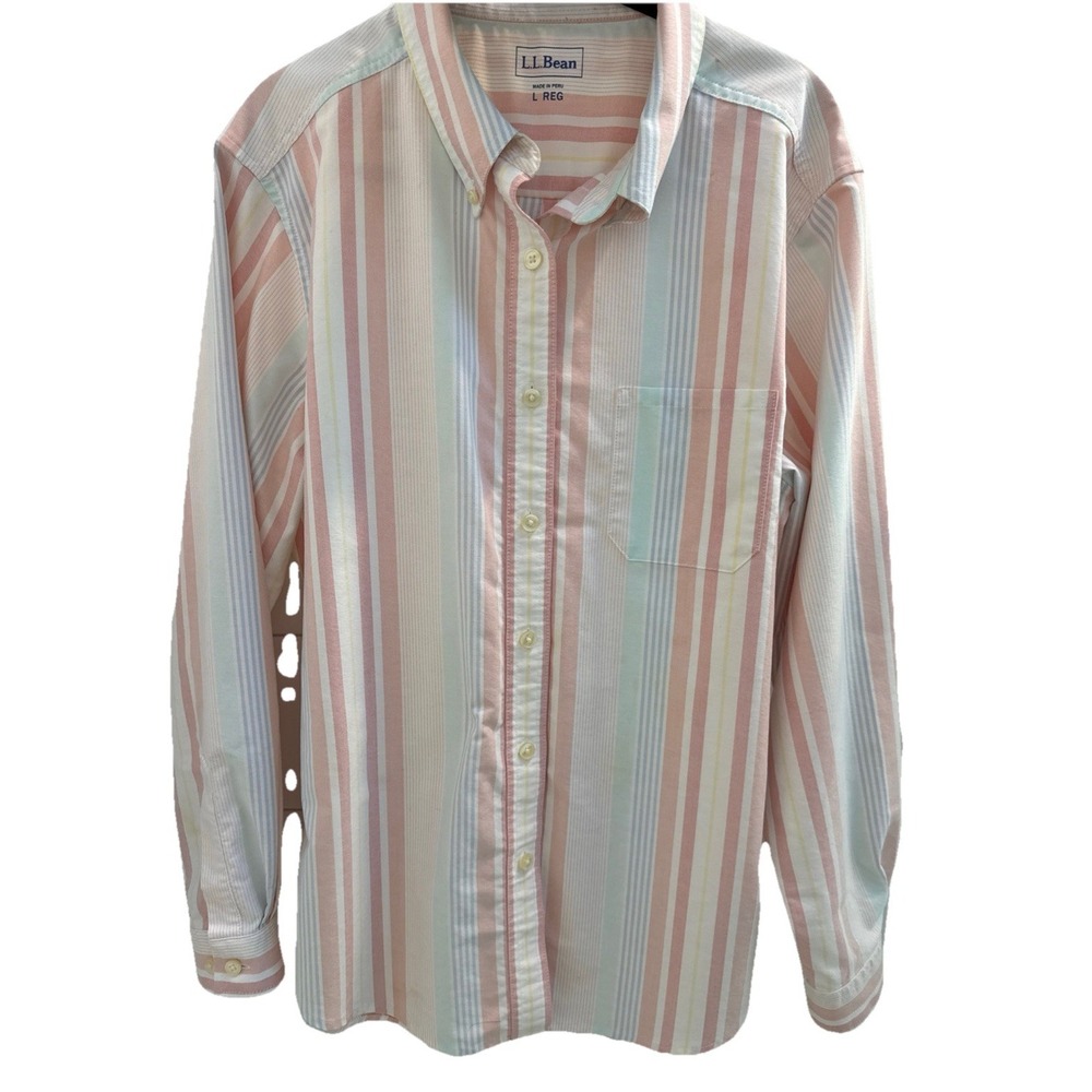 L.L. Bean Womens Button Down  Sz L Long Sleeve Top  Striped 100% Cotton Preppy